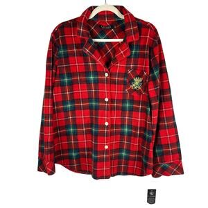 Ralph Lauren Sleepwear Top Shirt Women's Large Plaid Fleece Crest/Crown NEW!